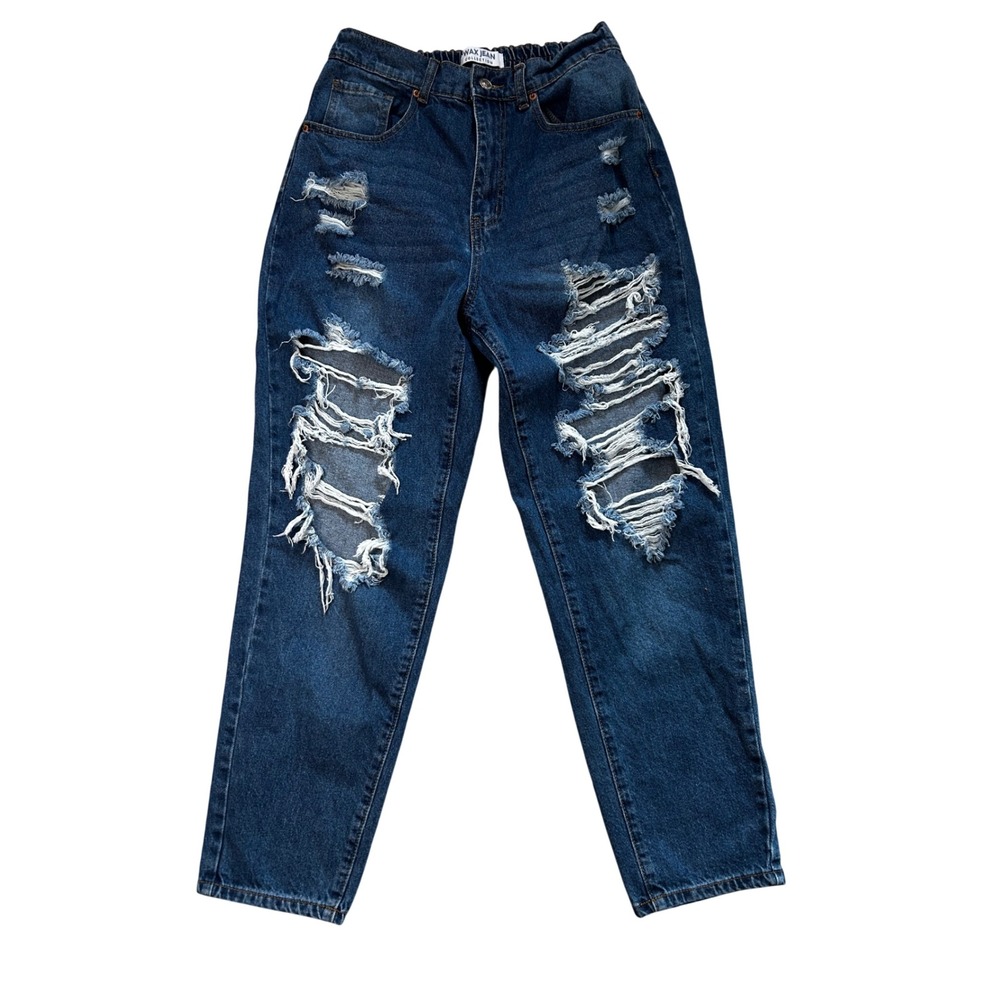 WAX JEAN COLLECTION Women's Distressed Ripped Blue Denim Mom Jeans Size L
